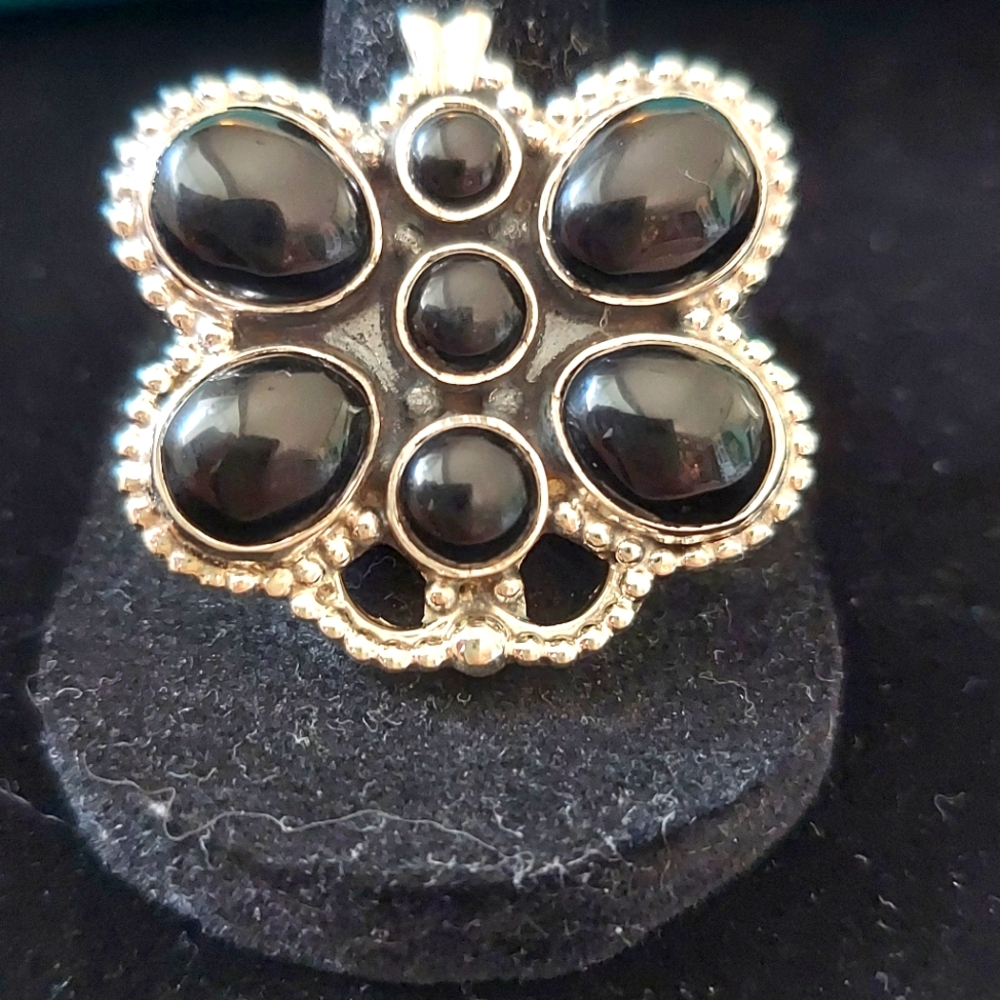 Sterling Silver Large Adjustable Butterfly Ring Black Onyx 5-10 - Picture 6 of 9